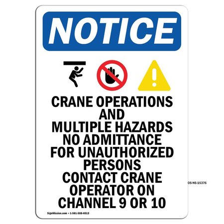 SIGNMISSION Safety Sign, OSHA Notice, 10" Height, NOTICE Crane Operations Sign With Symbol, Portrait OS-NS-D-710-V-15376